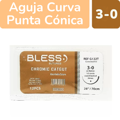 SUTURA CROMICO 3-0 AGUJA CURVA 26MM 70CM X 1 UND