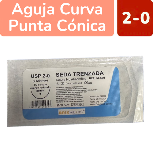 SUTURA SEDA 2-0 TRENZADA AGUJA CURVA 26MM 75CM X 1