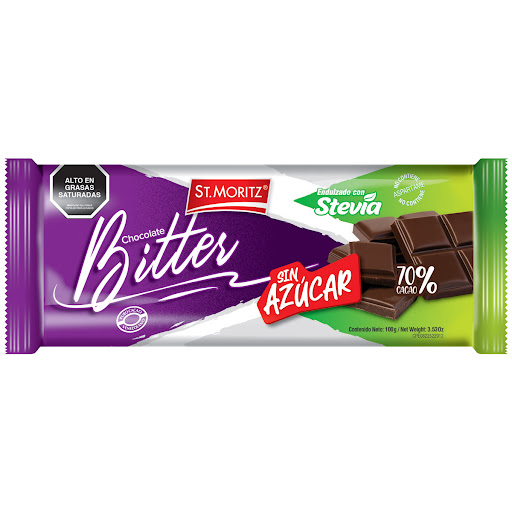 CHOCOLATE ST MORITZ 70% BITTER S/AZUCAR C/STEVIA 100GR